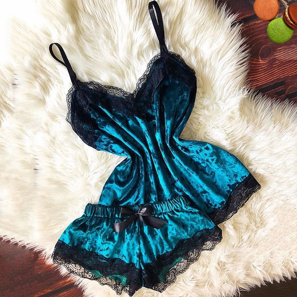 Sommarpyjamas kvinnor sammet rosett sovplagg ärmlös rem nattplagg spetskant cami topp pyjamas set femme sexiga underkläder