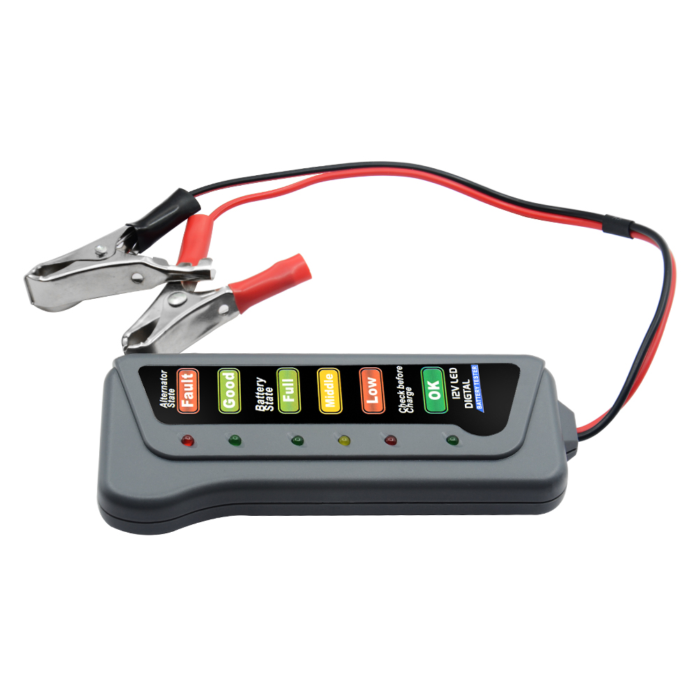 12v digitale accutesters met 6 led-displaylampjes, accutesters met remvloeistofmeter voor auto's en motoren.