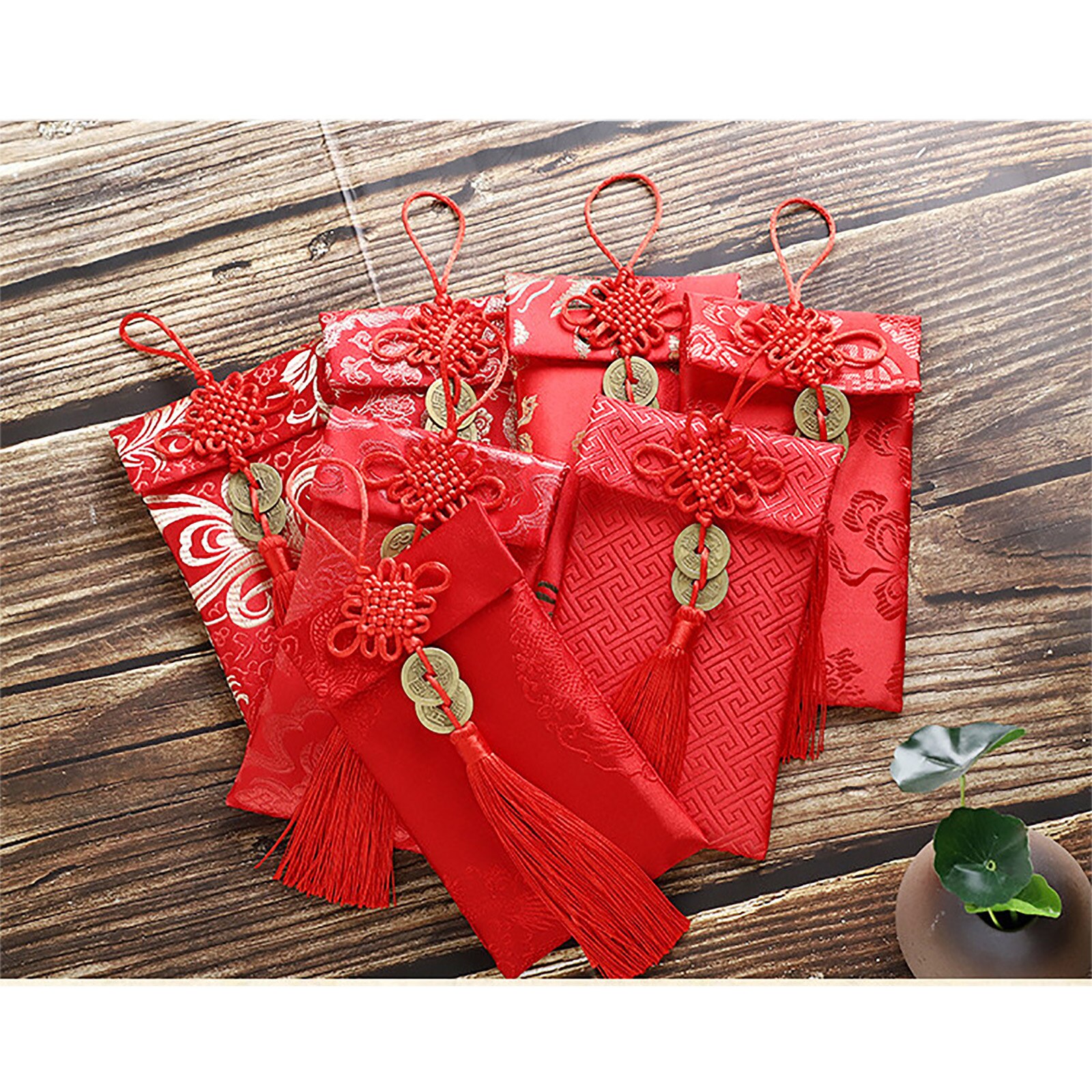 Year Red Envelope Red Celebration Silk 6Pcs/Set Embroidery Pattern Chinese Year Lantern Festival Red Purse