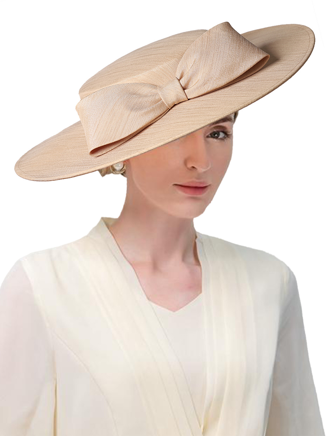 Tocados de ala ancha para iglesia, sombreros para mujer, lazo grande, gorra Formal de Kentucky, sombrero de fieltro plano para de té nupcial y boda