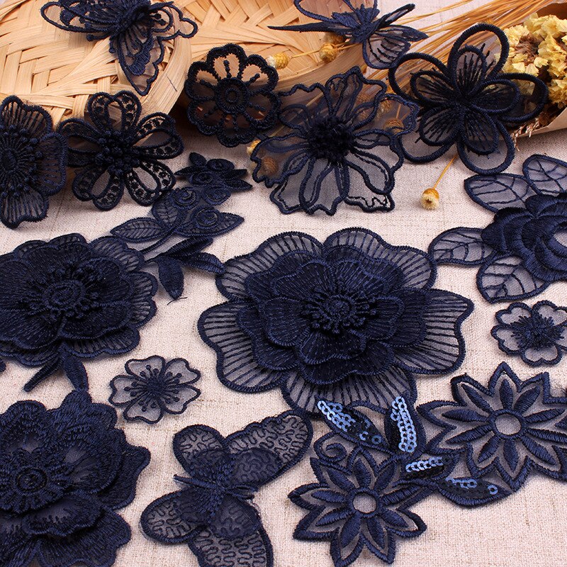Parches bordados de encaje azul oscuro azul marino, iones para coser en ropa, apliques de mariposa y flores de Organza para ropa, pantalones vaqueros, vestido, rayas DIY