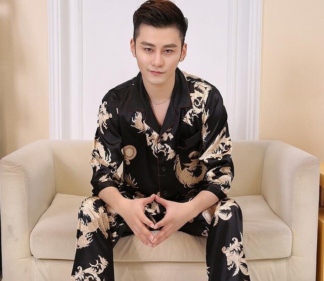 Men 2PCS Long Sleeve Shirt&amp;Pant Pajamas Rayon Casual Sleepwear Chinese Style Print Dragon Pyjamas Set Bathrobe L XL XXL: Black / XL