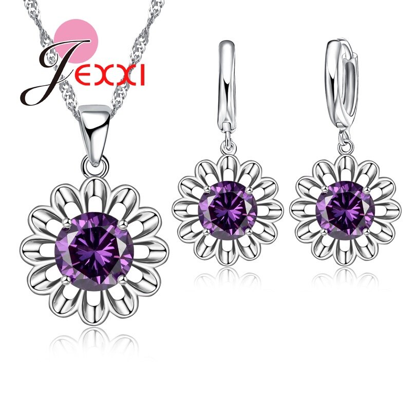 Zonnebloem Eeuwige Liefde 925 Sterling Zilveren Sieraden Set Voor Bruiloft Crystal Maxi Ketting Oorbellen Set Voor Vrouwen Bijoux: Purple