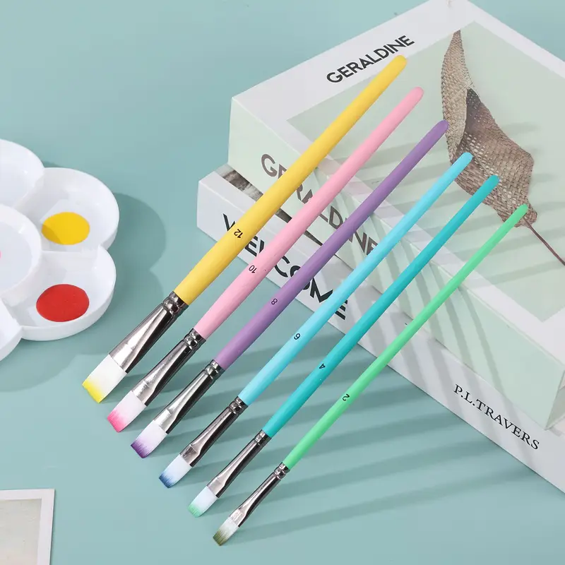 6-delige professionele kunstenaarspenselset - fijne punt, houten handvatten, nylon ronde puntige platte punten veelkleurige kwast