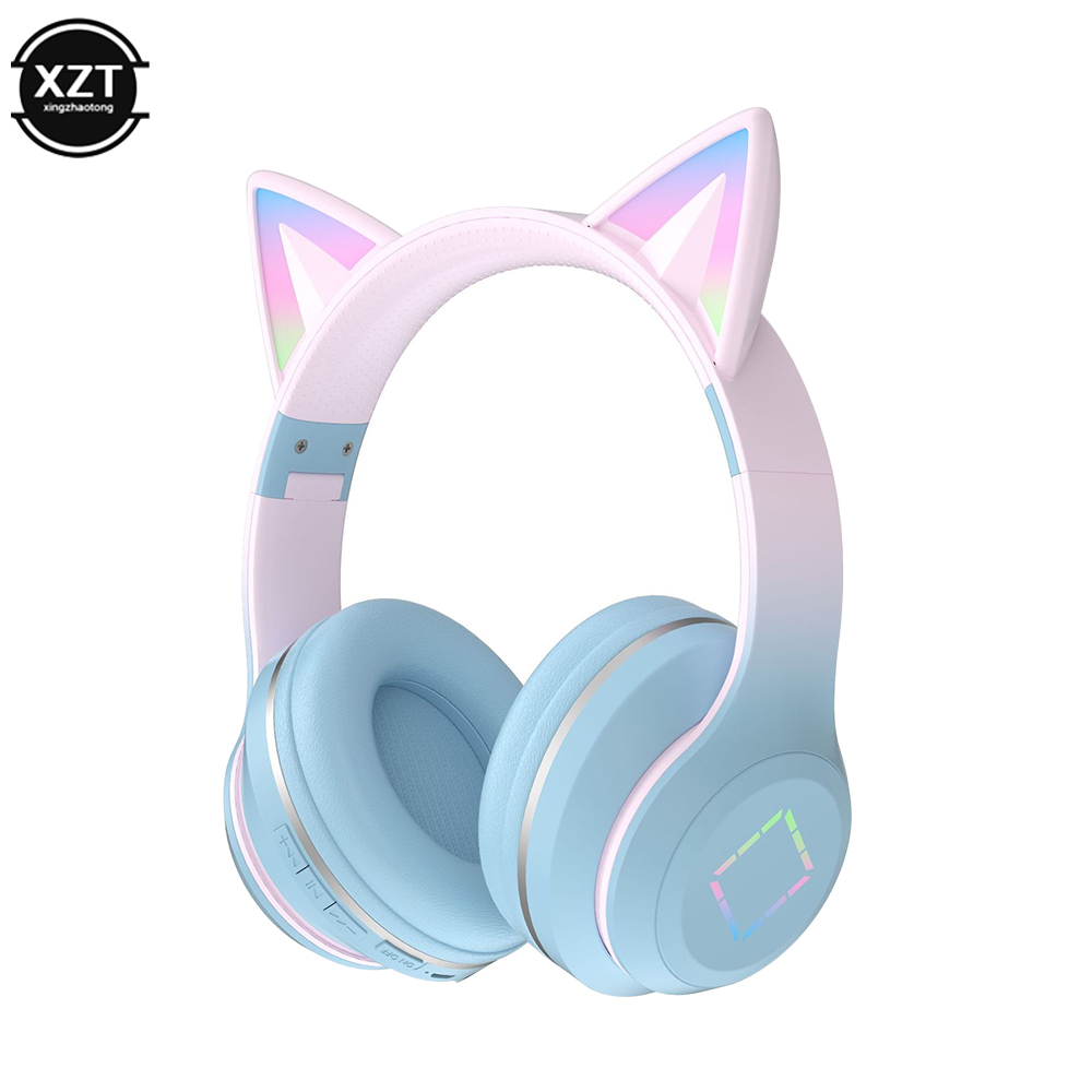 NEWEST LED Flash Light Cute Cat Ears Wireless Headphone with Mic Kid Girl Stereo Music Foldable Helmet Bluetooth Headset: Blue