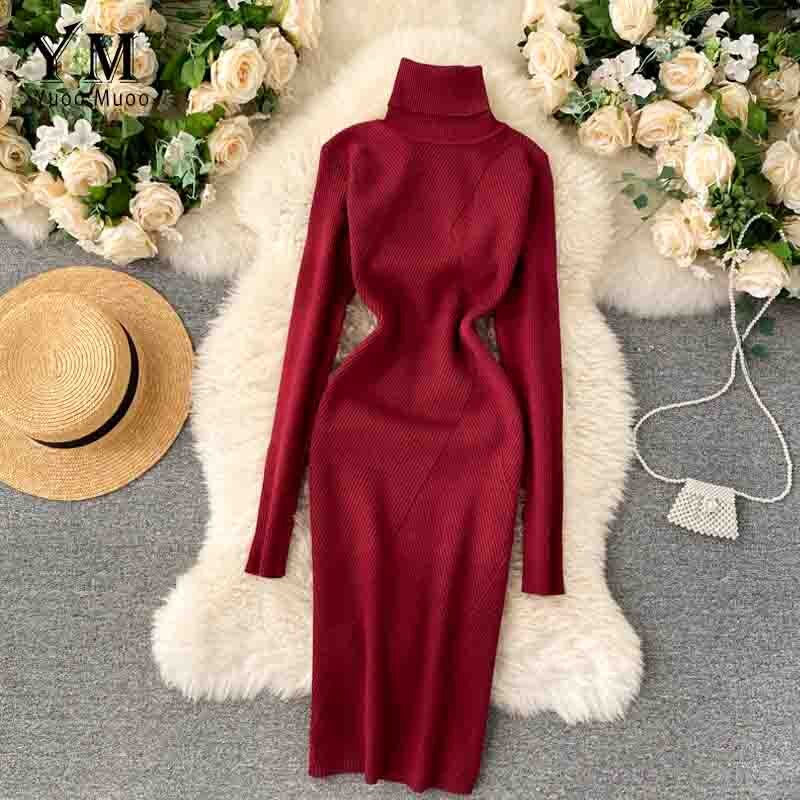 Yuoomuoo Trui Jurk Winter Coltrui Warme Lange Mouw Gebreide Jurk Alle Match Casual Solid Vrouwen Bodycon Jurk: Bourgondië