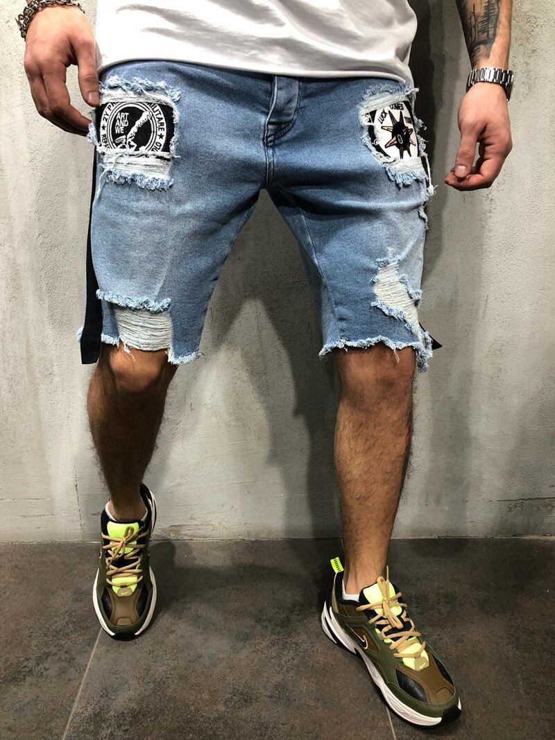European size loose summer hole denim shorts Embroidered men's Jeans Shorts Hip-hop slim shorts Blue light blue S-3XL