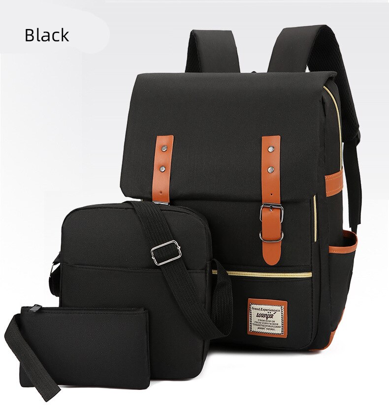 Nylon Men's 15.6 Inch Laptop Backpack Large-capacity 3Pcs/Set Travel Backpack Student Backpack Bag: HYBMQ0002-black