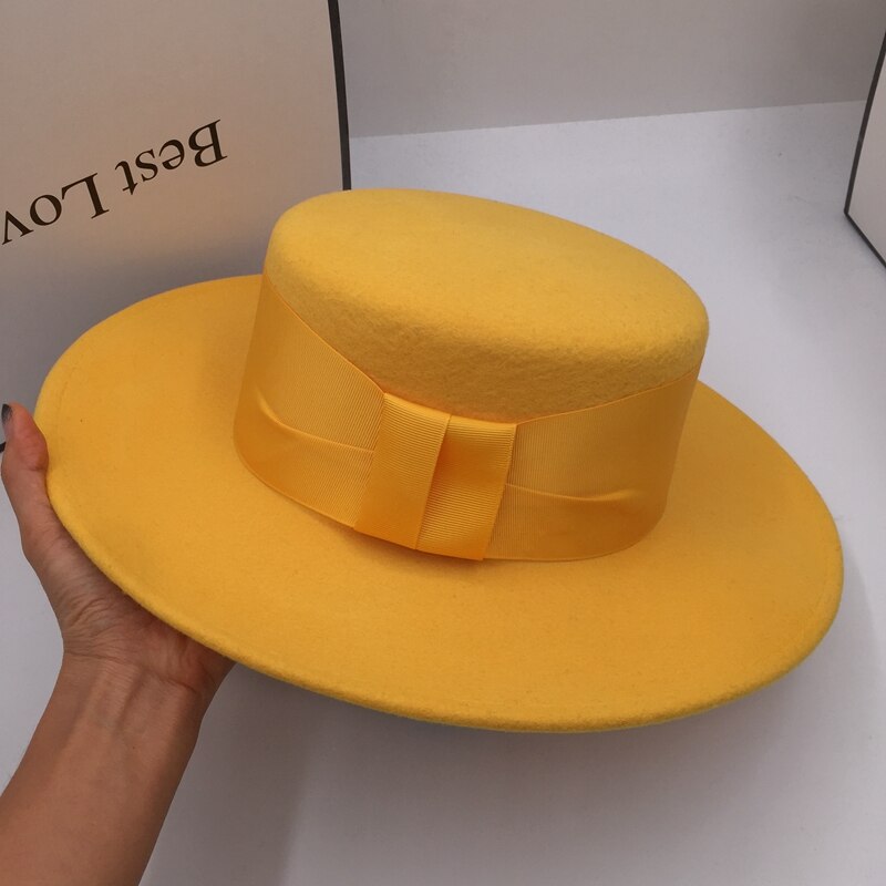 Fedoras invierno nueva lana ala ancha y plana a lo largo de los sombreros amarillos para mujer