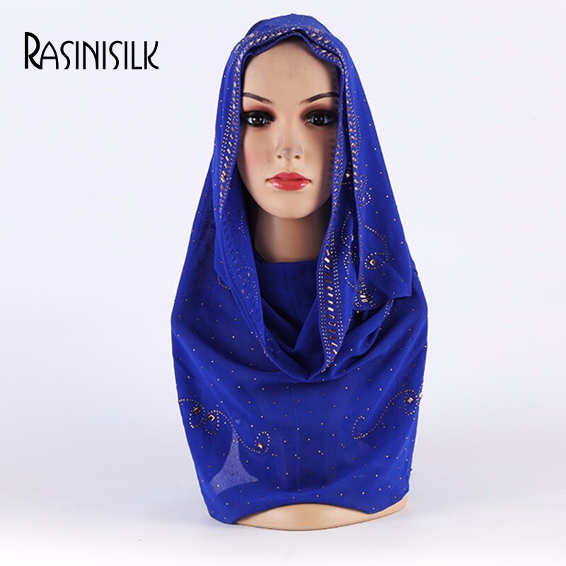 en promo | Promo! Foulard musulman en mousseline de soie pour femmes | Écharpe supérieure avec des strass et des diamants scintillants, écharpe longue et châle, foulard de style islamique malaisien: 9 loyal blue
