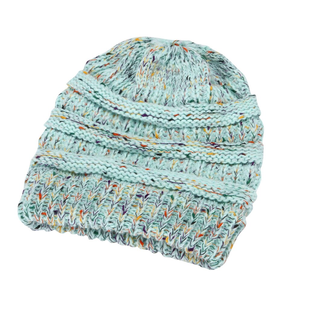 Ponytail Beanie Women's Girls Stretch Knitted Wool Crochet Hats With Label Caps Messy Bun Holey Warm Hat Winter Warm Cap Beanies