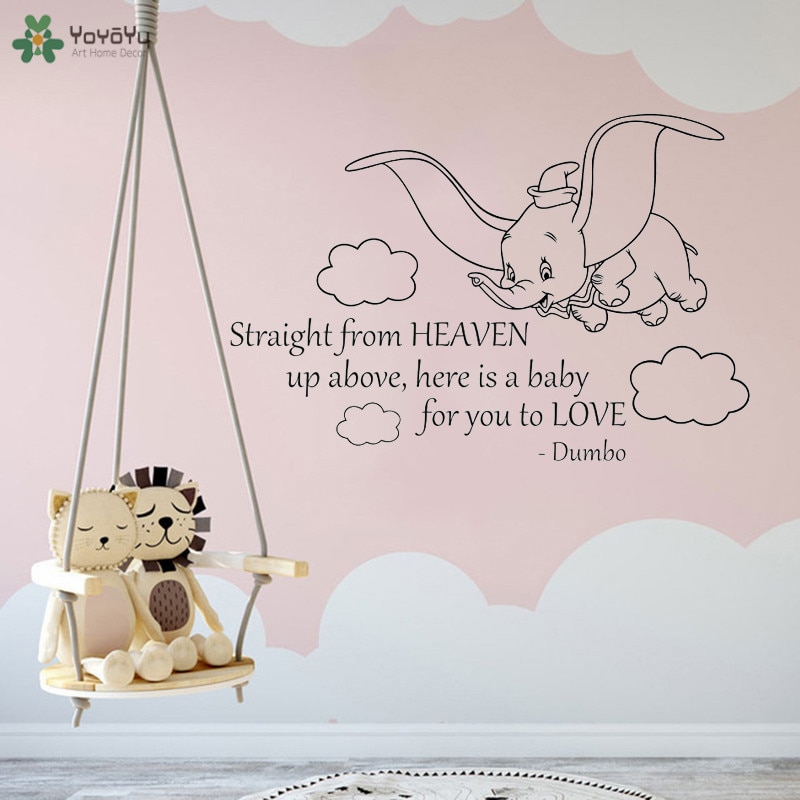 Dumbo Quote Wall Stickers Baby Girls Boys Bedroom Living Room Nursery Wallpaper Cute Elephant Pattern Home Decoration QQ530