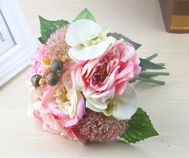 Kyunovia Chic Peony Bouquet Artificial Orchid Wedding Decoration Silk Flowers Natural Bridesmaid bouquet Bridal Bouquet D39: Pink