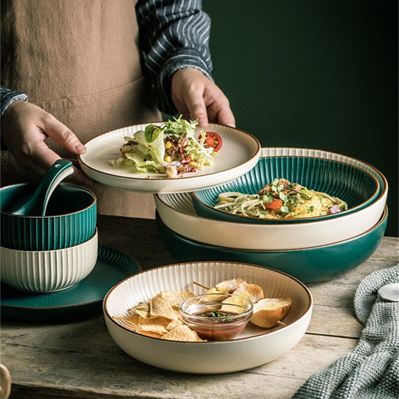 Green And Beige Matte Ceramic Steak Food Plate Nordic Style Tableware Bowl Ins Dinner Dish High End Porcelain Dinnerware