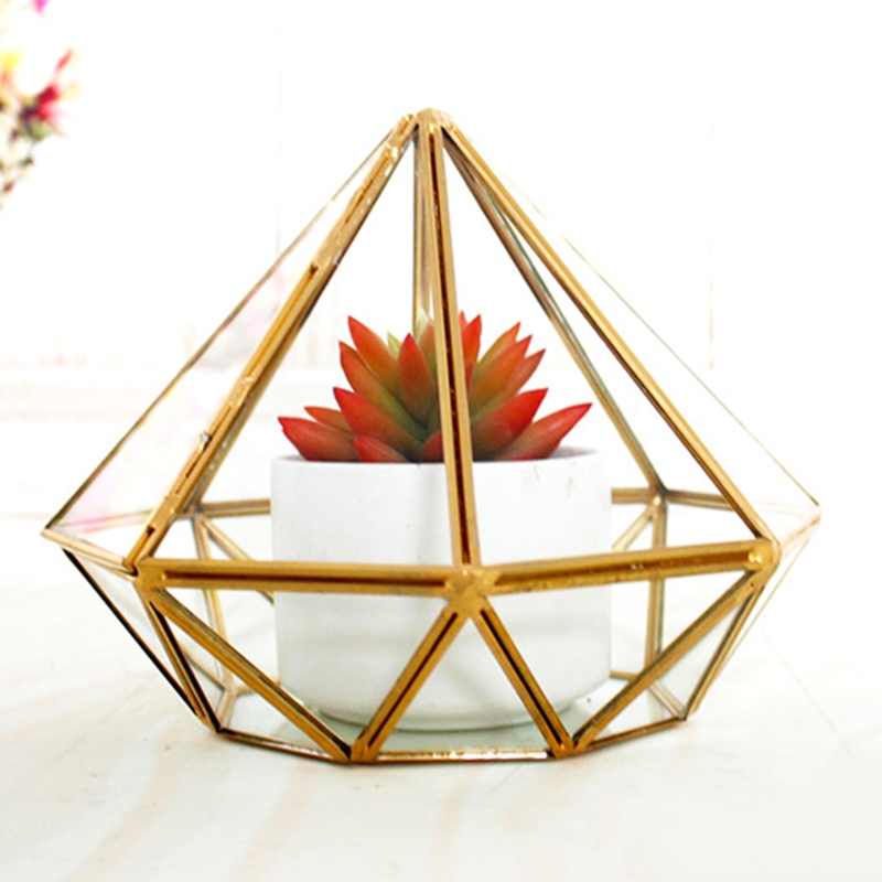 Terrarium géométrique en verre ouvert doré fait à la main, diamant en laiton, mousse de fougère succulente, conteneur d&#39;exposition de plantes, directe