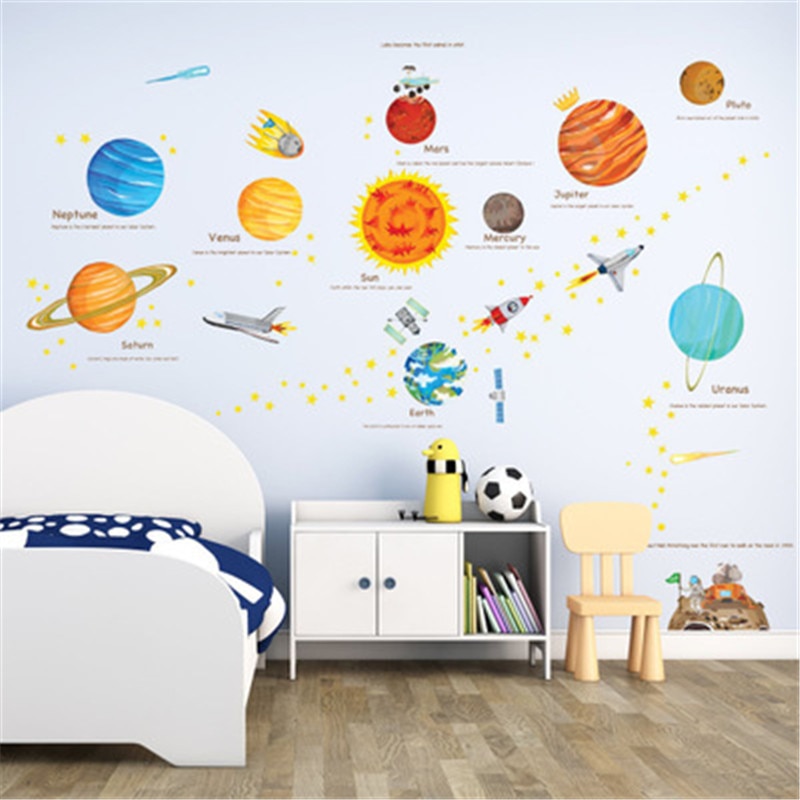 Cartoon Solar System Wall Stickers For Kids Rooms Home Decor Outer Space Planets Wall Decals Boy Baby Room Decorative Stickers