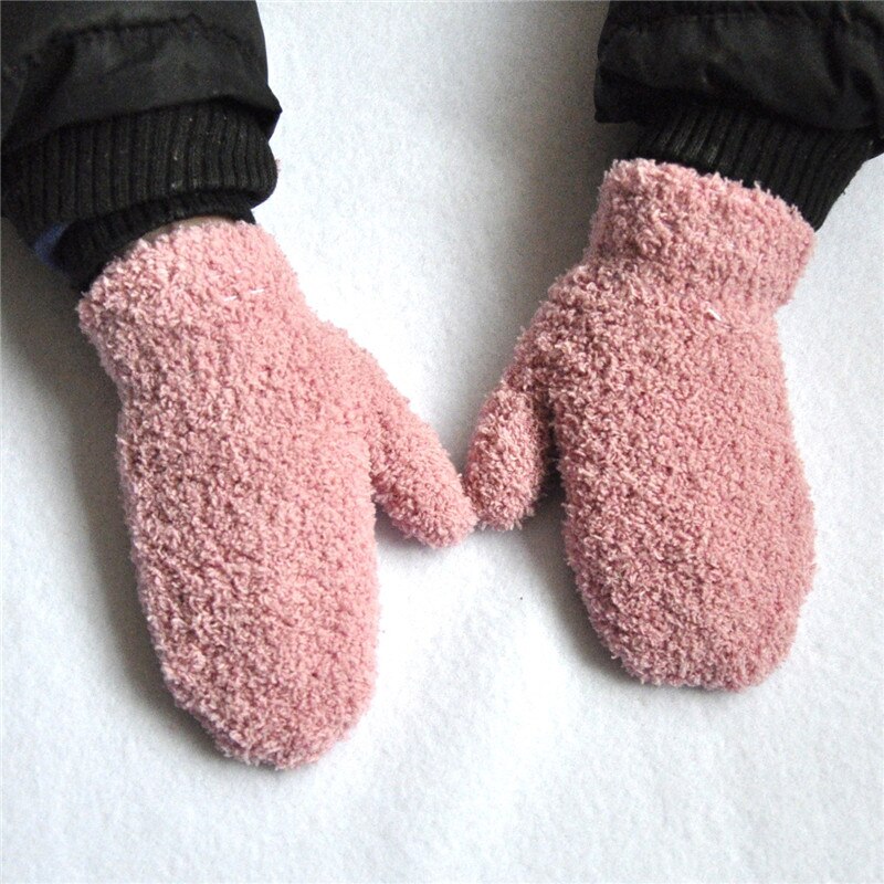 Warmom Plush Thick Warm Baby Gloves Winter Plus Velvet Mittens Children Kid Coral Fleece Full Finger Gloves For 1-4Y Kids Gloves: light pink