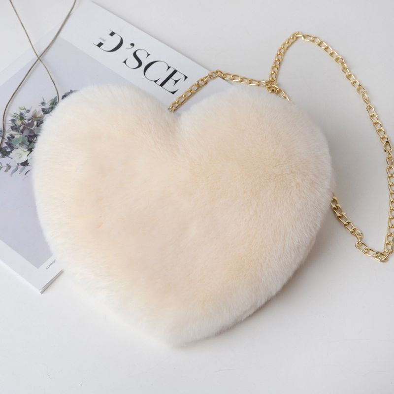 femmes en forme de coeur fausse fourrure bandoulière portefeuille sac à main chaîne sac à bandoulière dame sac à main