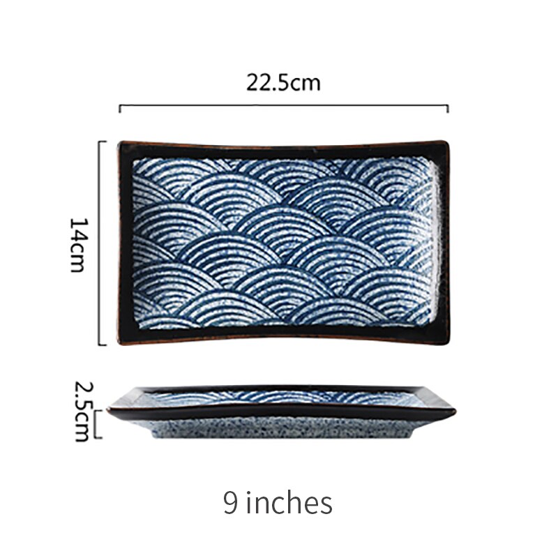 Blue wave pattern Ceramic plate Western tableware Steak dish porcelain plate Home kitchen rectangle square serving platter: 9 inches