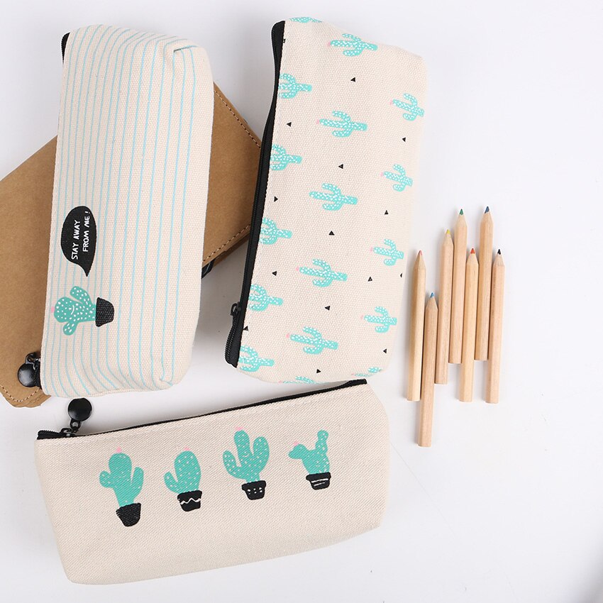 1pc korte stijl groene cactus canvas grote capaciteit etui opbergruimte etui schoolbenodigdheden