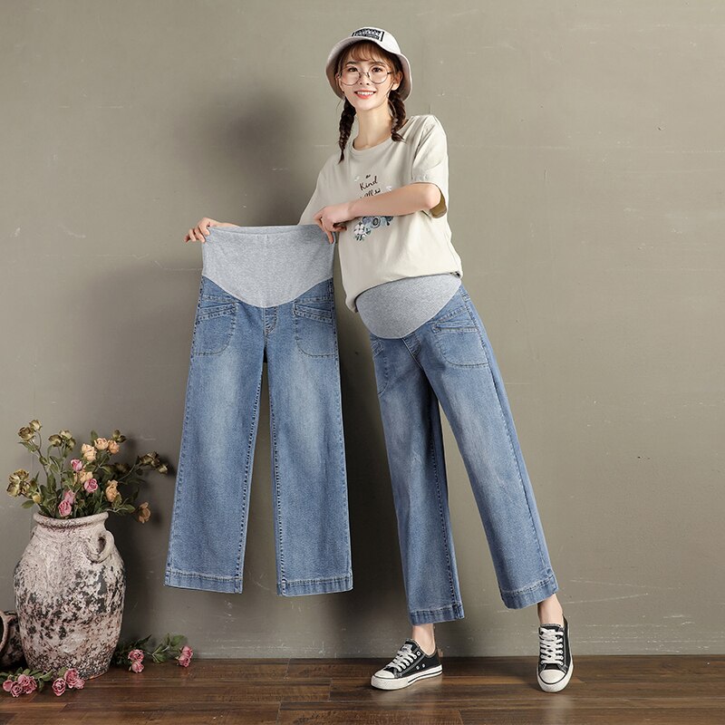 Schwangere Frauen breitbeinig Hosen verlieren Gerade Bauch Jeans Mit Taschen lässig Plus Größe Mutterschaft Baumwolle Schlauch