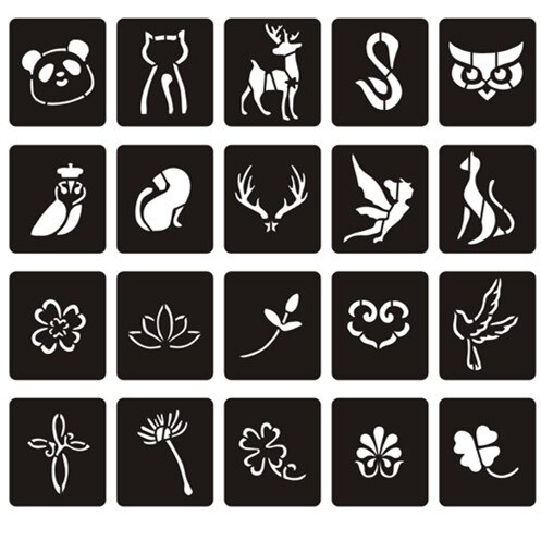 35pcs/set Glitter Tattoo Stencil Templates Cat Lotus Small Airbrush Henna Tattoo Stencils for Painting Pochoirs Pour Peinture