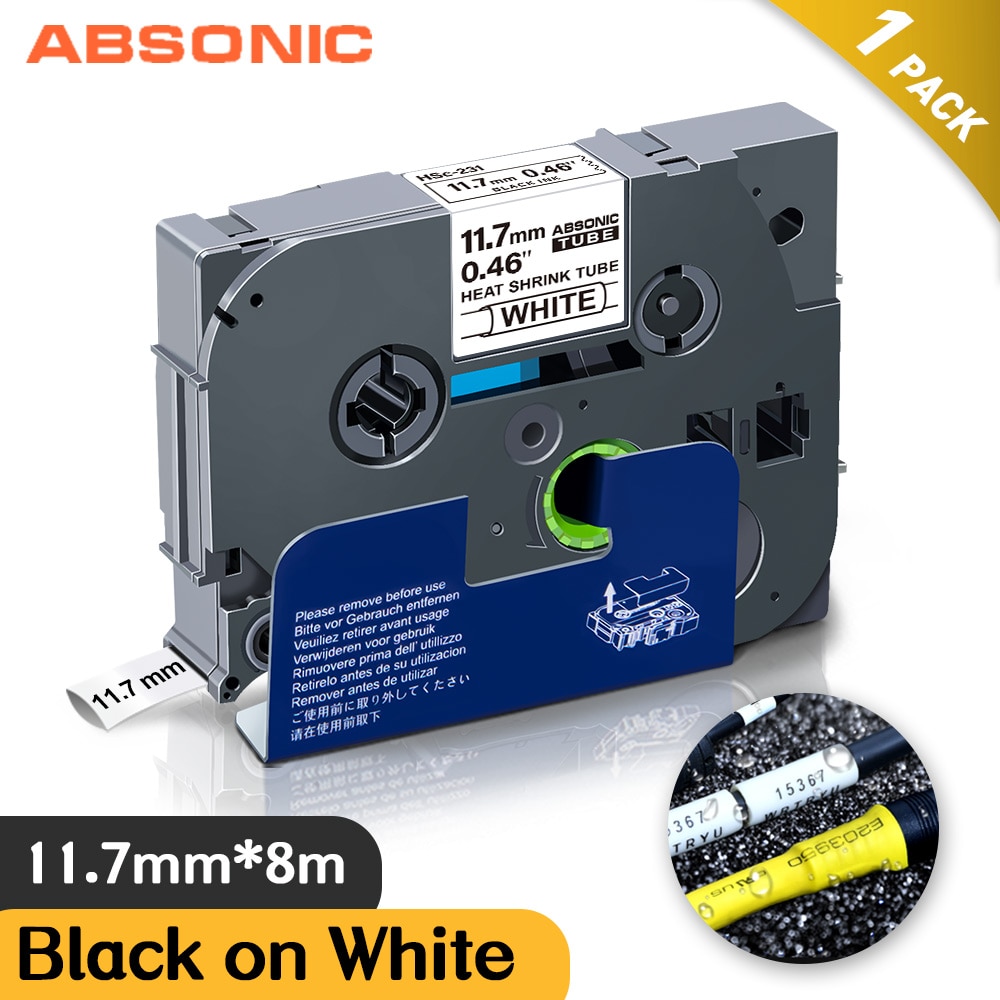 Absonic 11.7Mm Hse Label Tape Hse-231 Voor Brother Hse231 Hse 231 Krimpkous Buizen Zwart Op Wit Voor Brother ptouch Label Maker