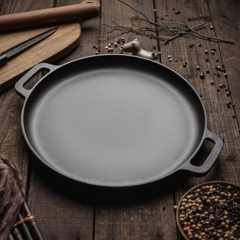 30cm/33cm/35cm Cast Iron Steak Pan BBQ Roasting Meat Roaster Round Uncoated Cooking Pot Pizza Pancake Griddles Flate Bottom