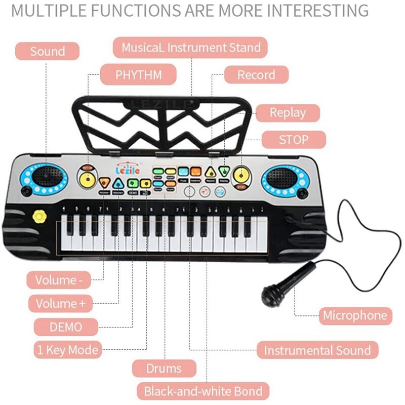 32 Keys Electronic Keyboard Piano for Kids LED Music Portable Teaching Keyboard Toy with Microphone Musical Instrument