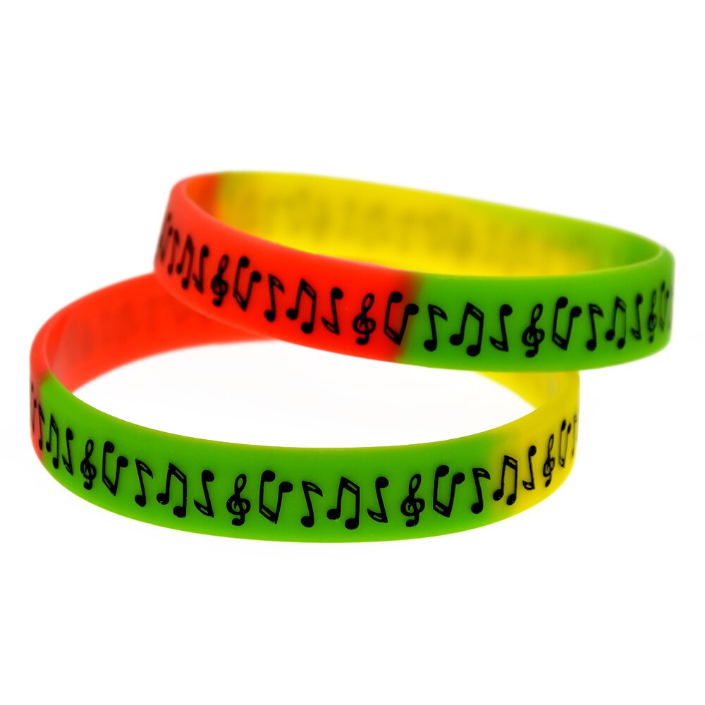 1PC Music Note Silicone Wristband Debossed and Filled in Color: Red-green-yellow