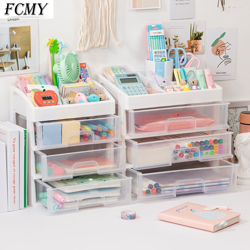 Cute Multi-storey Drawer Desktop Organizer Desk Storage Box Free Sticker home Transparent Desk Stationery office Accessories