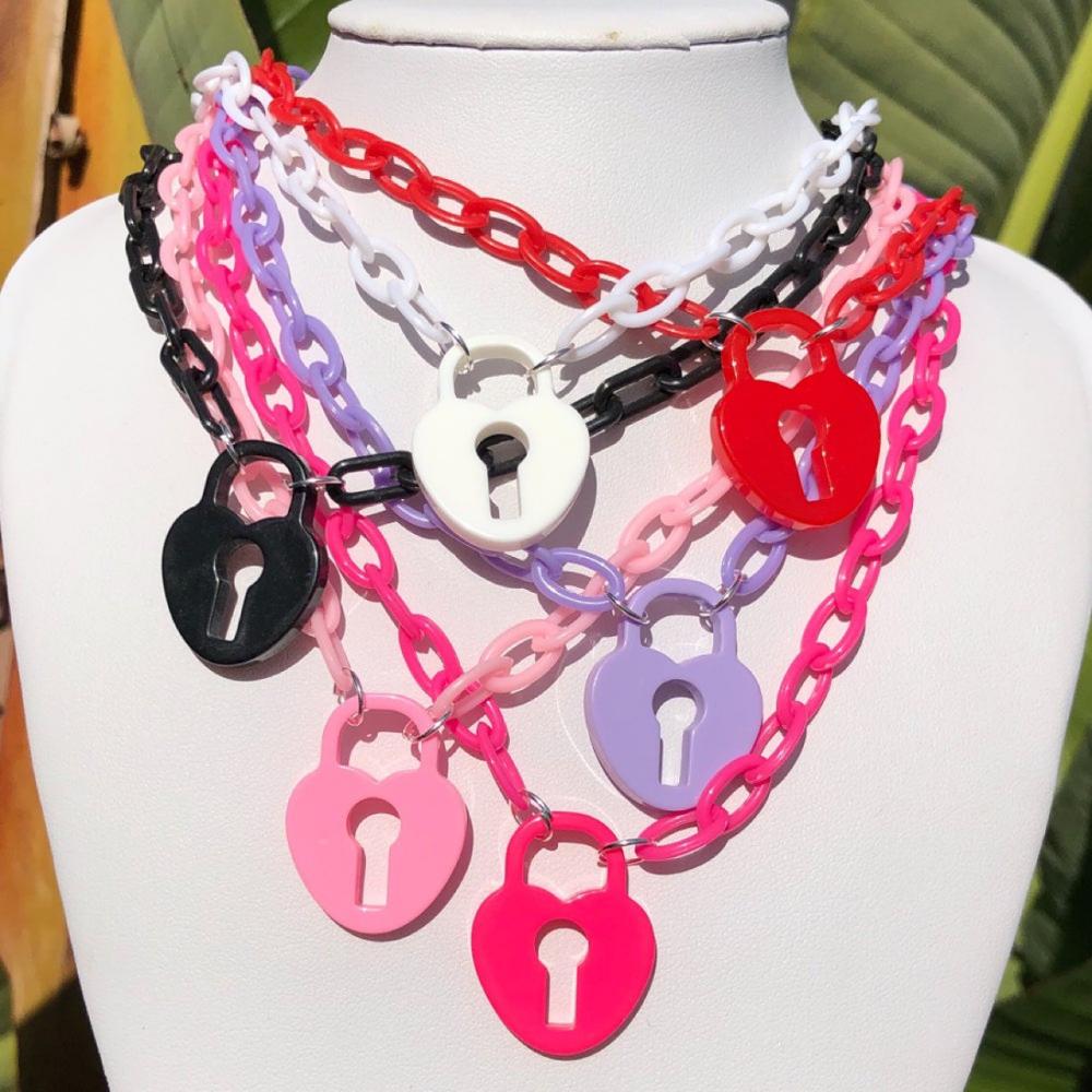 Heart Lock Colorful Chain Acrylic Pendant Necklace For Women Girl Punk Harajuku Cool Cute Choker Necklace Statement Jewelry