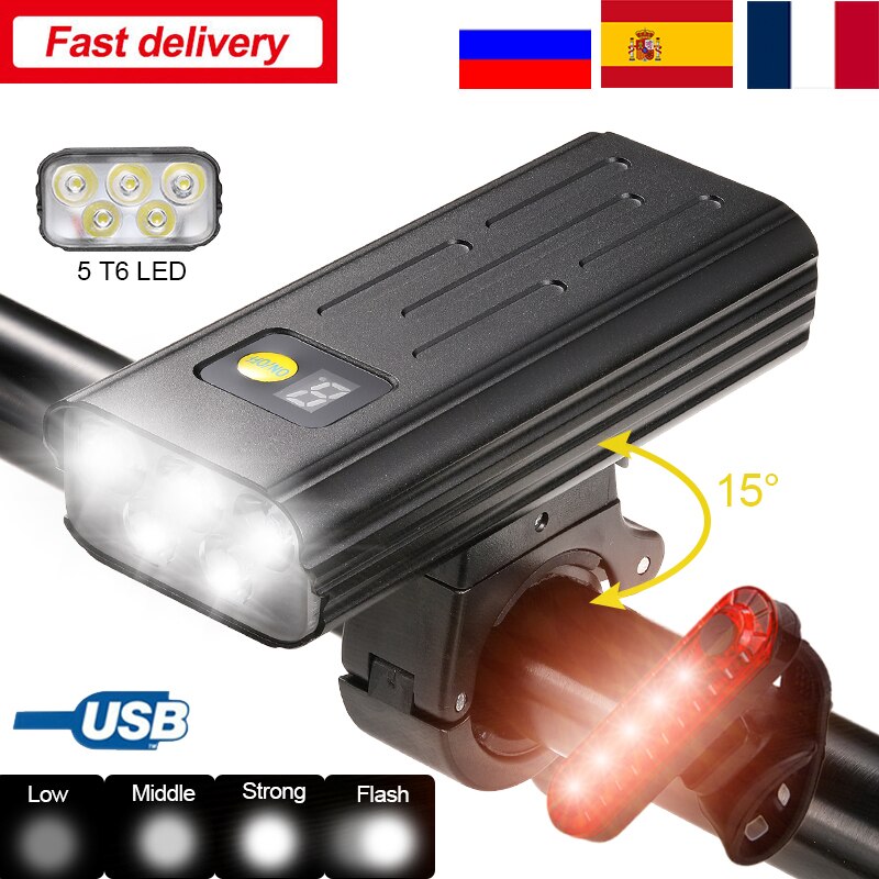 USB Vorderseite Fahrrad Licht 5 LED Fahrrad Lenker Lampe Digital Anzeige Radfahren Taschenlampe mit Typ-C Ladung Energie Bank Funktion