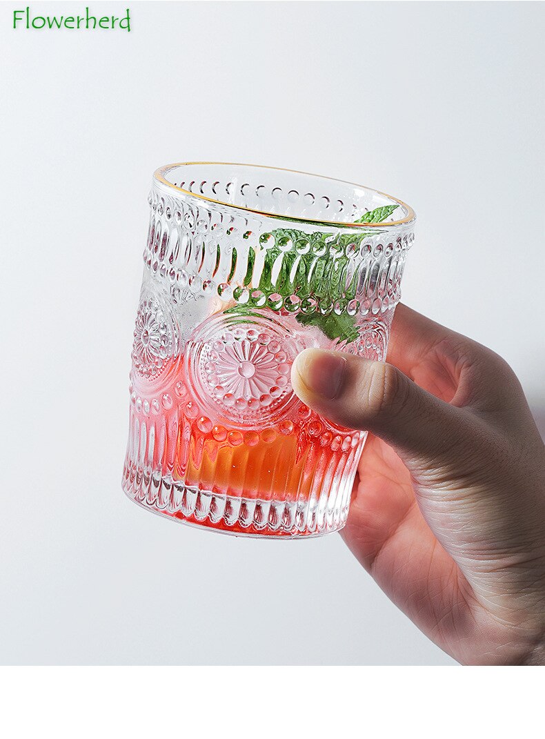 Large Outline In Gold Glass Cup Household Glass Tea Cup Nordic Transparent Relief Juice Glass Crystal Wine Glass Drinkware