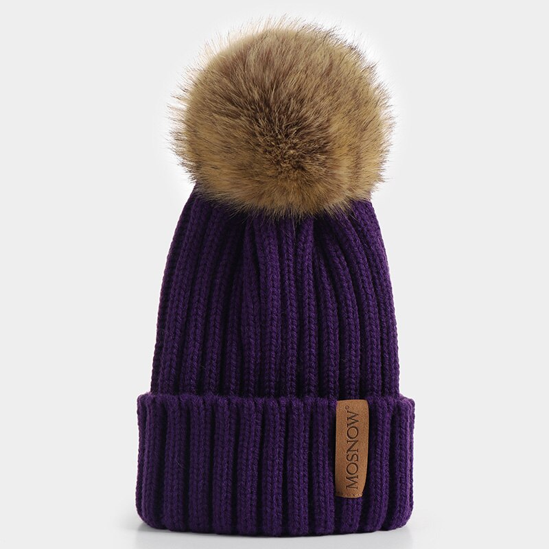 neue Winter frauen Hütte Acryl Bommel Mützen Wärme Ski Kappe Mädchen Hütte Weiblichen Kappe Skullie Künstliche Pompons Hütte: Purpurrot