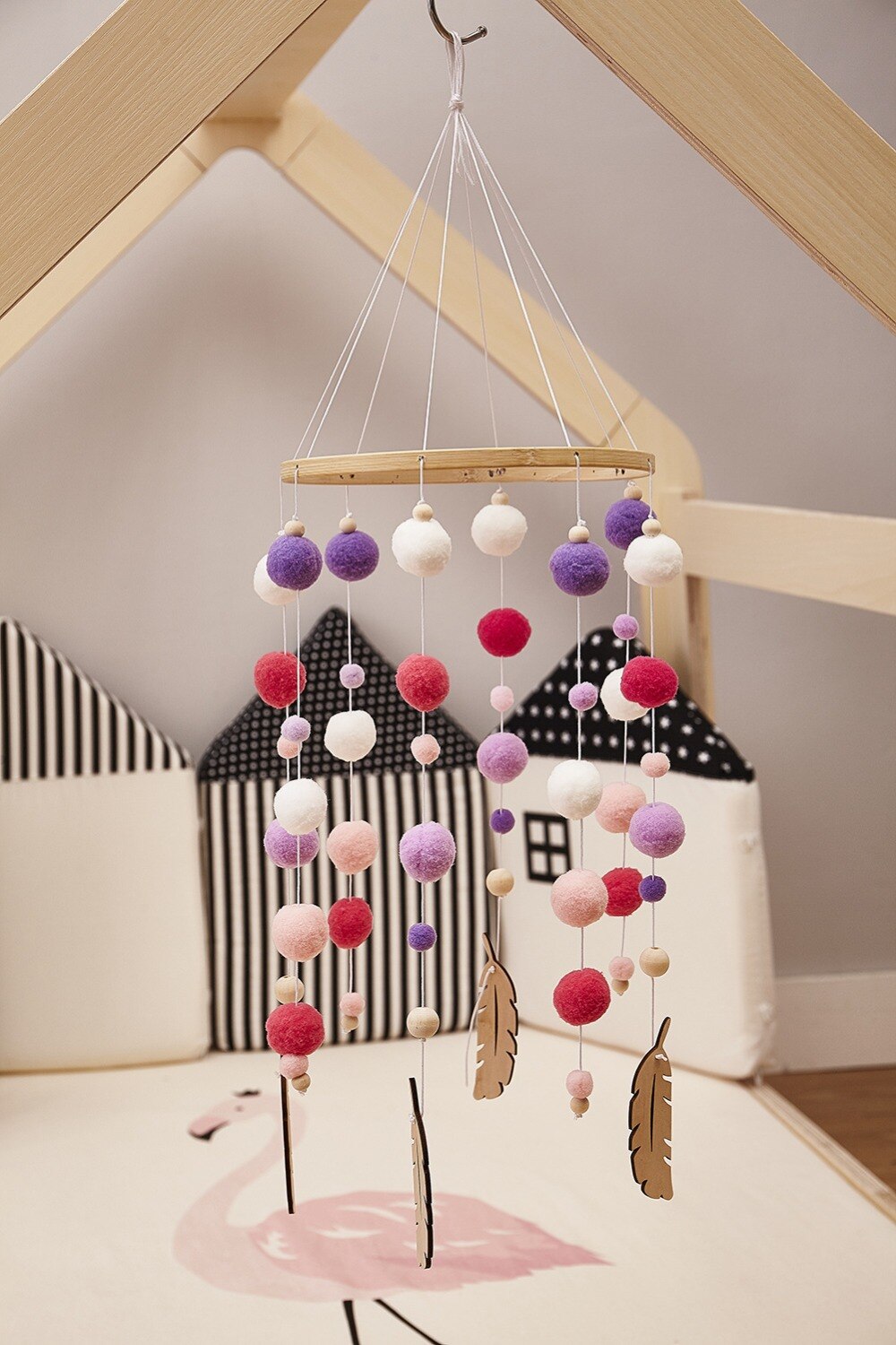 Bricolage Macaron couleur boule de cheveux carillons éoliens décor bannière bébé chambre décoration literie pare-chocs enfants fête balles enfants filles chambre décor