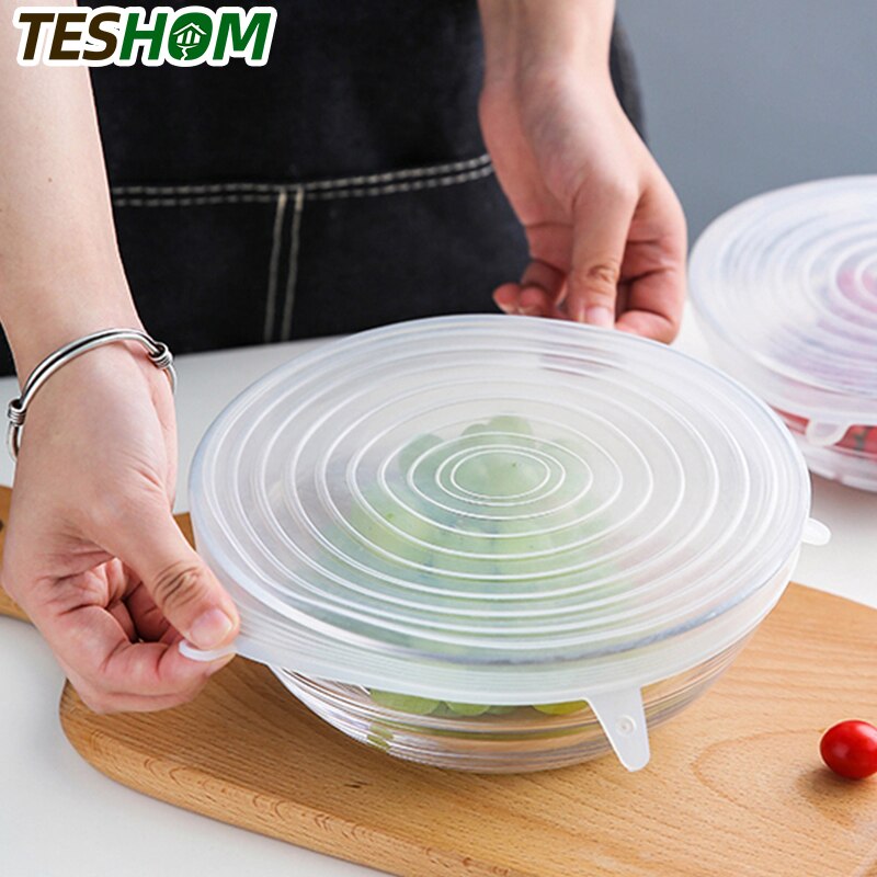 Silicone Stretch Lids 6-Pack Various Sizes Cover for Bowl Universal Food Wrap Reusable Expandable Silicone Cap for Fresh Food