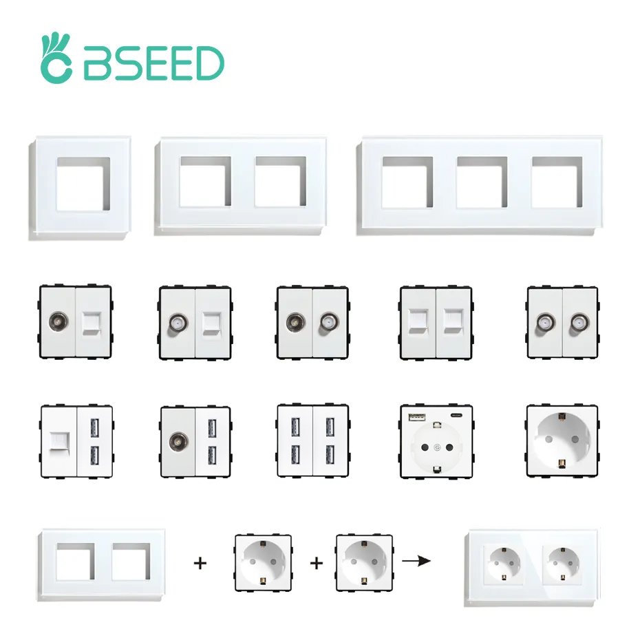 BSEED Weiße Glasscheibe mit Internet-Buchse TV ST Katze5 RJ45 Funktionsteile Doppel-USB-Buchse EU-Wandstecker DIY freie Kombination