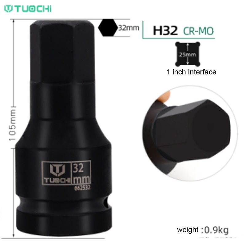 1PCS 1 inch Drive Impact Bit Socket CR-MO Heavy Hex Socket Bit Adapter 105mm Lenght Allen Key Wrench Head Pneumatic Socket Set: H32