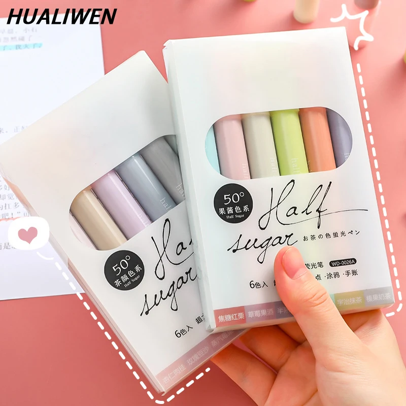 6 sztuk Kawaii półcukier zakreślacz kolorowy śliczny marker pastelowy zakreślacz fajne długopisy szkolne przybory szkolne zestaw papeterii