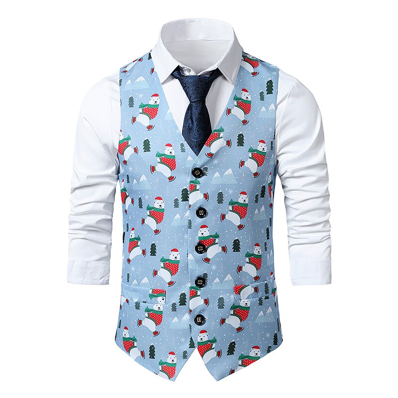 Christmas Bear Print Christmas Vest Male Brand Slim Fit Dress Waistcoat Men Xmas Party Stage Prom Vests Men Cosplay Costume: S