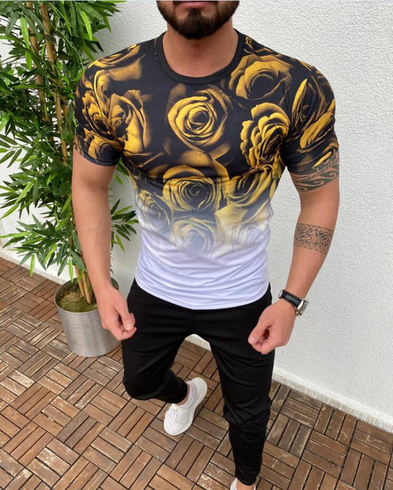 Merkki miesten vaatteet kaltevuus kukkia print slim fit miesten t-paita kesäinen o-neck fitness lyhythihainen t-paita miehelle: Keltainen valkoinen / Xxl