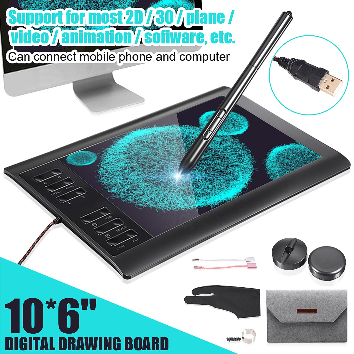 14*9.4 ''Graphics Tekening Digitale Tablet Pen Display 233 Point Quick Lezen Druk Sensing Universele Grote Actieve Gebied tekening