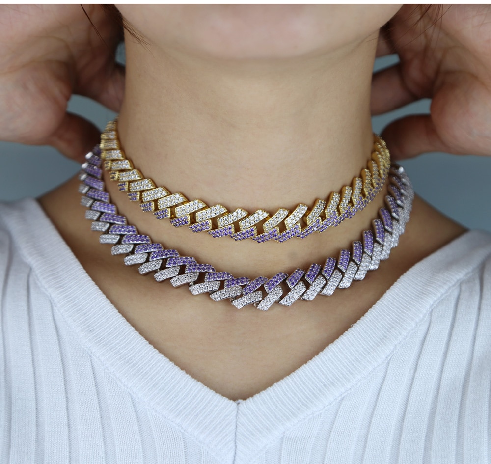 luxury Rock Iced Out hip-hop bling Bling wide Miami cuban link chain purple White cubic zirconia cz choker necklace Jewelry