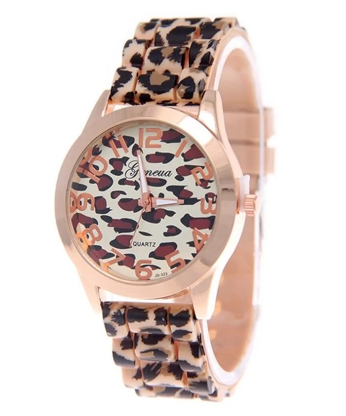 Reloj Geneva con estampado de leopardo, reloj de silicona, nueva 2023, reloj informal para estudiantes, Color con estampado de leopardo, cuarzo: Rosa