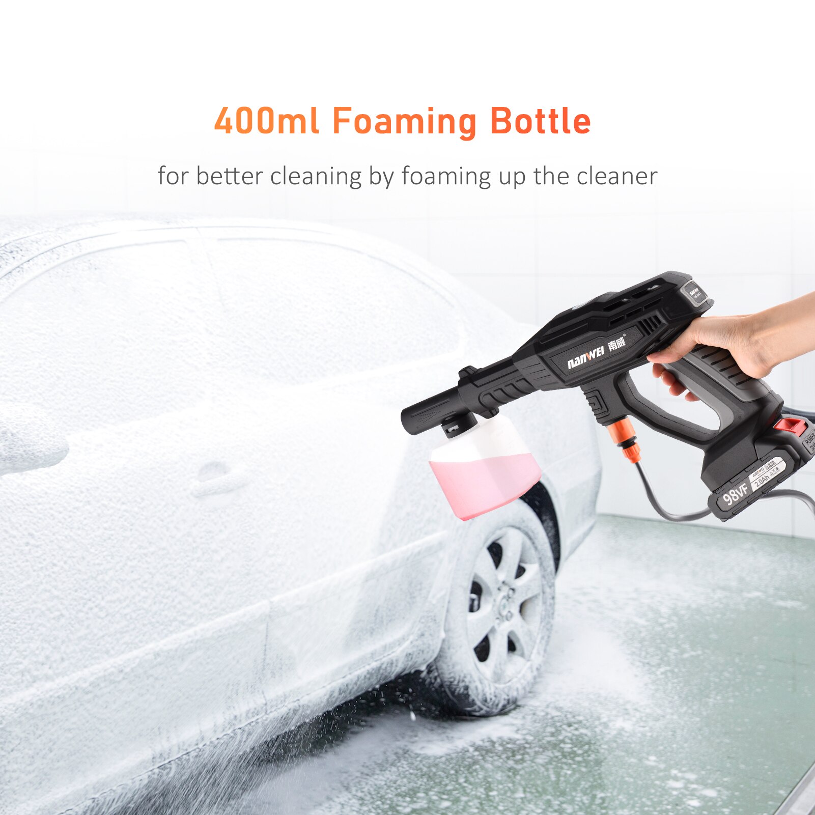 2.0Ah battery Wireless Car Washing Machine Mini Cordless Electric Car Washer with a 5-meter Water Hose and a 400ml Bottle