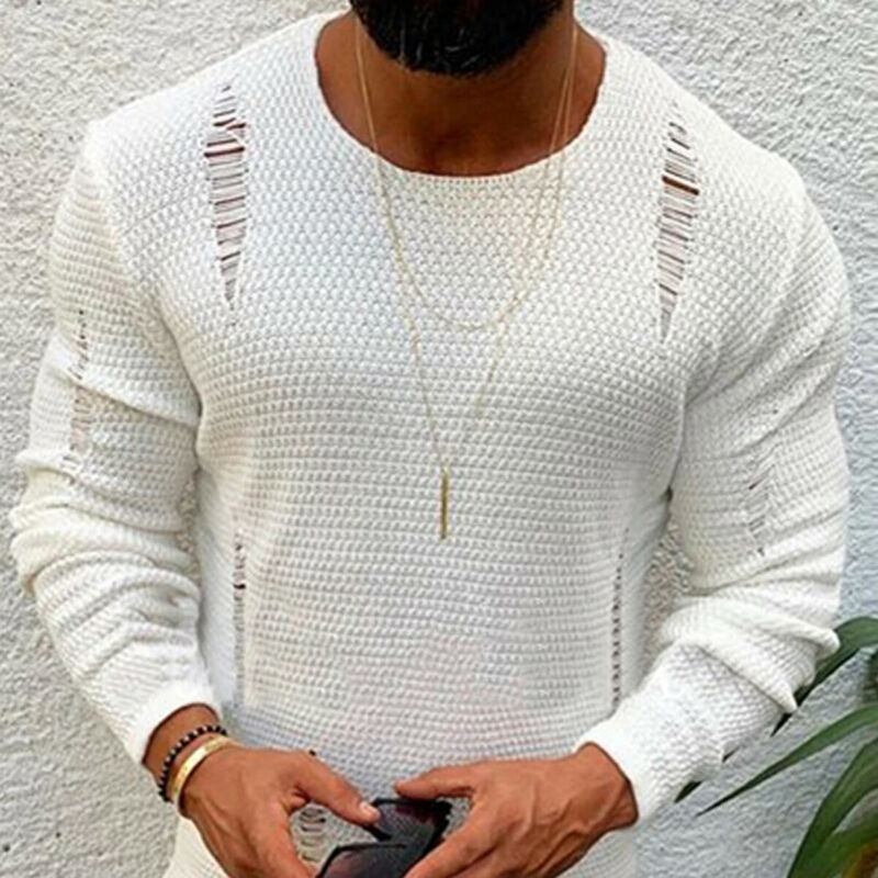 Mannen Plain Winter Warme Trui Solid Lange Mouwen Ripped Gebreide Trui Truien Tops