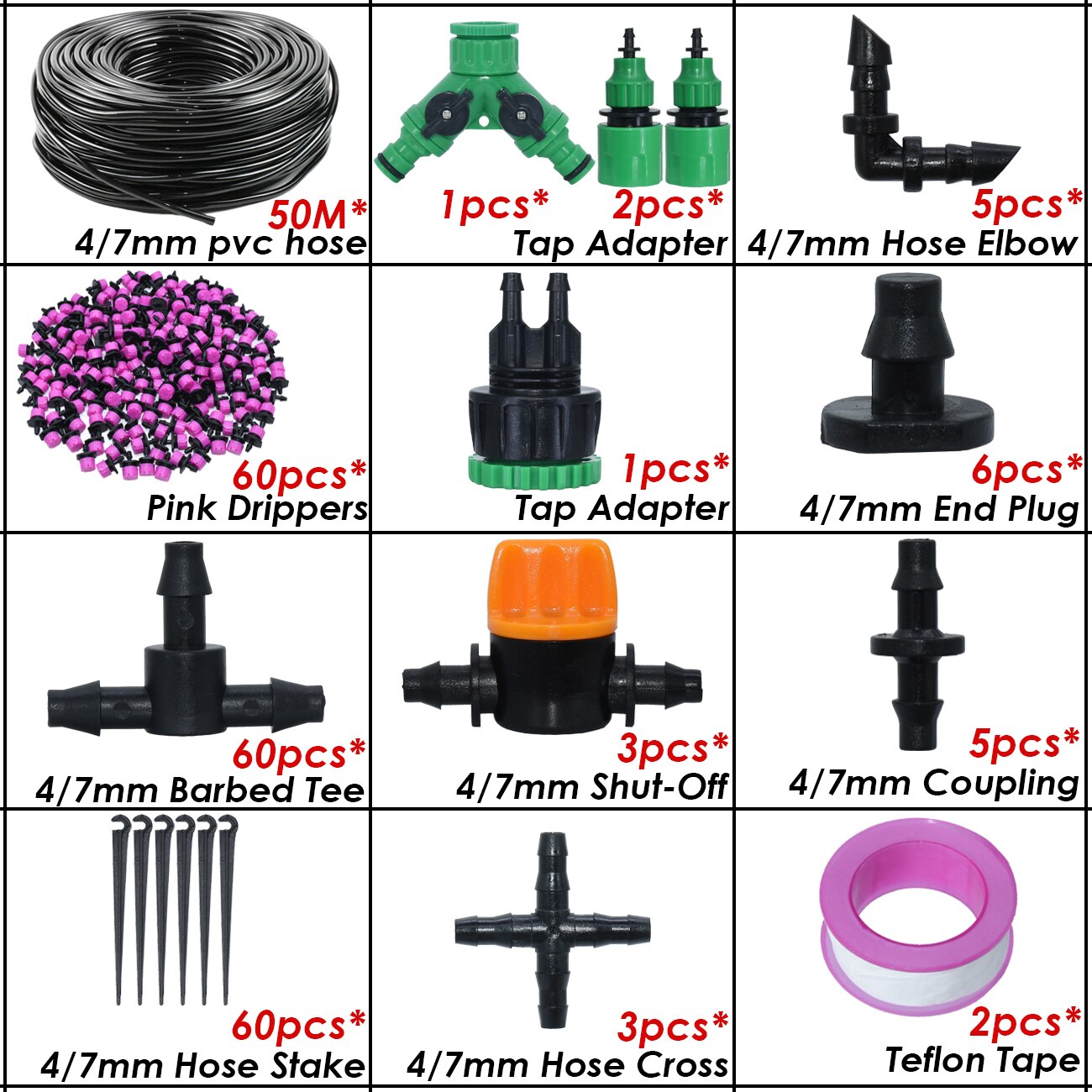 Kit d&#39;arrosage automatique goutte-à-goutte pour serre, 10-50M, 1/4 &#39;&#39;, système d&#39;irrigation, tuyau 4/7mm, buses de brouillard en laiton pour jardin, maison, plante en pot