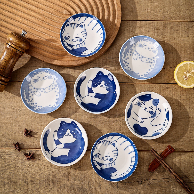 Plato de salsa de postre de cerámica de estilo japonés, vajilla creativa con bonito dibujo de gato de la suerte, platos de Sushi de fruta con forma de gota de agua