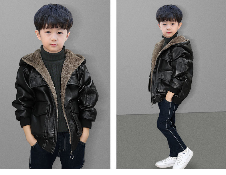 4-15 Jaar Jongens Winter Pu Leren Jas Jas Dikke Fleece Hooded Zwart Chidlren Bovenkleding 2022 Tiener Jasje voor Jongen 12